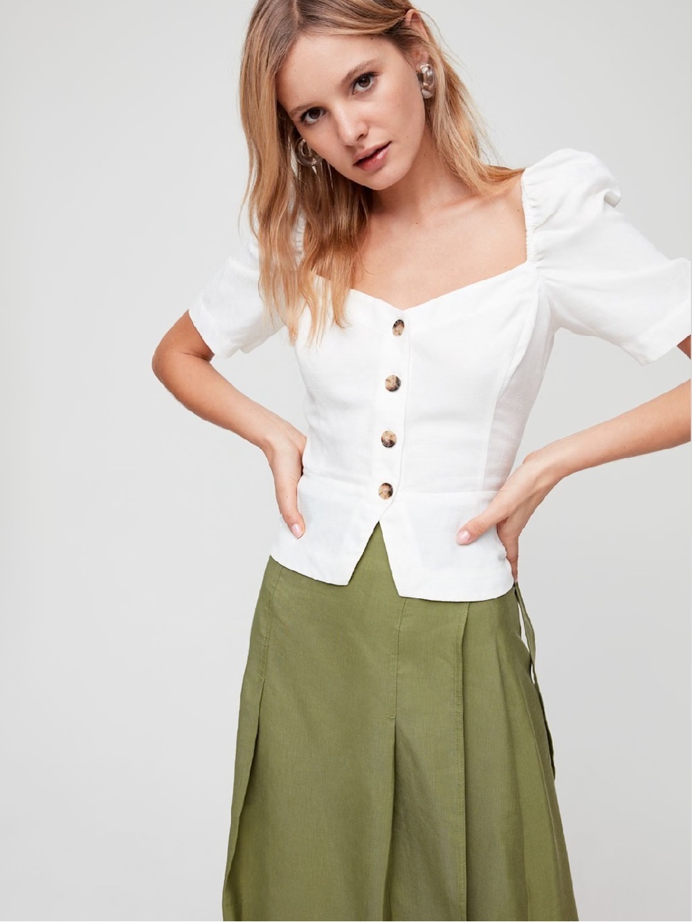 NEW Wilfred Janine Top Linen Button Down Puff Sleeve White Blouse Cottagecore